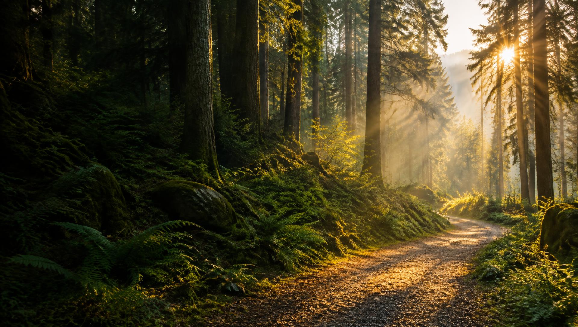 Sunlight breaking through tall trees onto a winding forest path